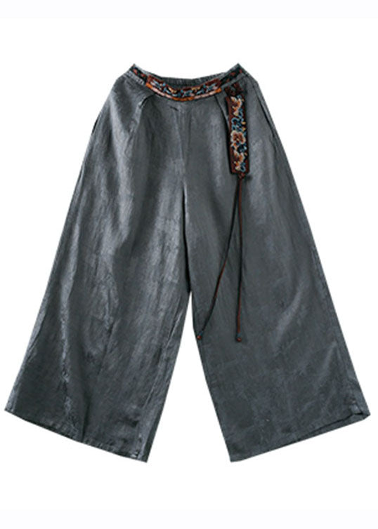 Novelty Grey Embroidered Patchwork Pockets Tassel High Waist Silk Wide Leg Pants Fall