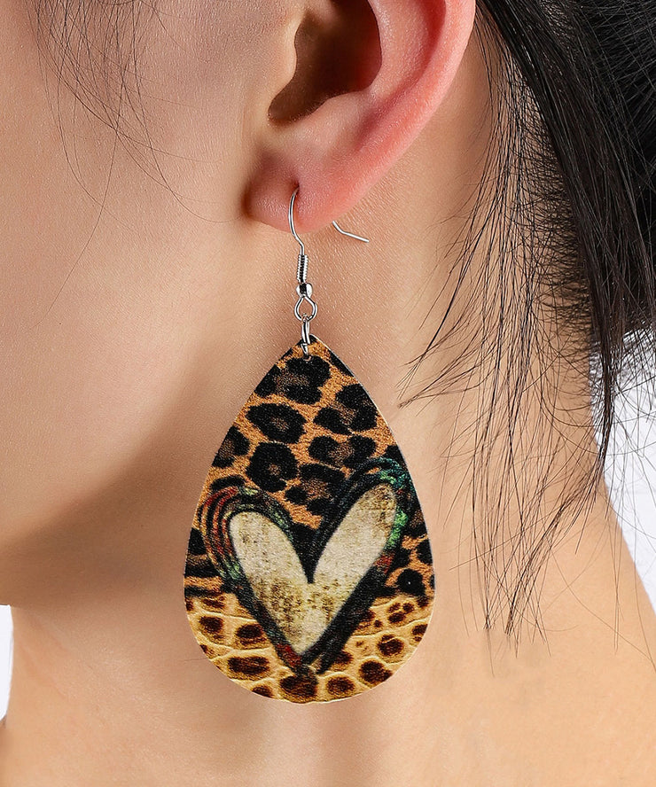 Novelty Leopard Love Print Droplet Shape Leather Material Earrings Ornaments