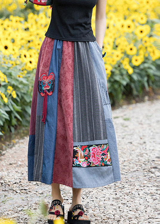 Novelty Navy Blue Print Patchwork Embroidered Floral Tassel High Waist Maxi Skirts