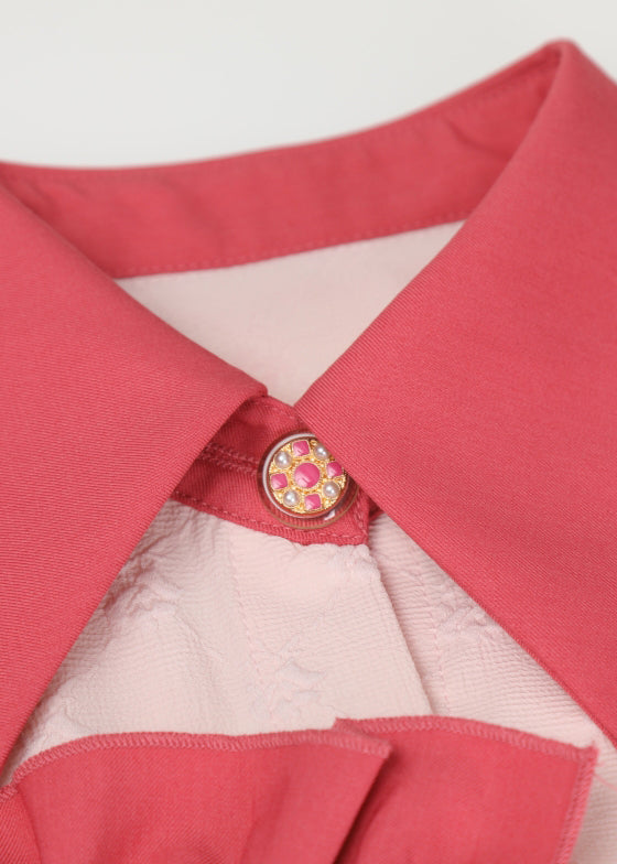 Novelty Peter Pan Collar Asymmetrical Ruffled Patchwork Button Mid Dress Long Sleeve