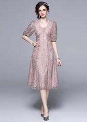 Novelty Pink Embroidered Sequins Patchwork Tulle Dress Puff Sleeve