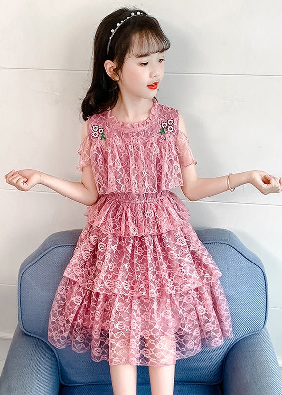 Novelty Pink O-Neck Ruffled Patchwork Floral Girls Long Dresses Short Sleeve