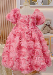 Novelty Pink Square Collar Floral Patchwork Tulle Girls Long Dress Short Sleeve