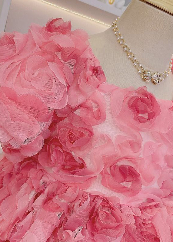 Novelty Pink Square Collar Floral Patchwork Tulle Girls Long Dress Short Sleeve