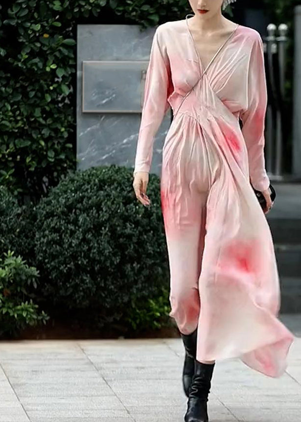 Novelty Pink V Neck Print Chiffon Long Dresses Spring