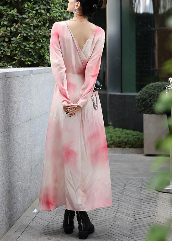 Novelty Pink V Neck Print Chiffon Long Dresses Spring