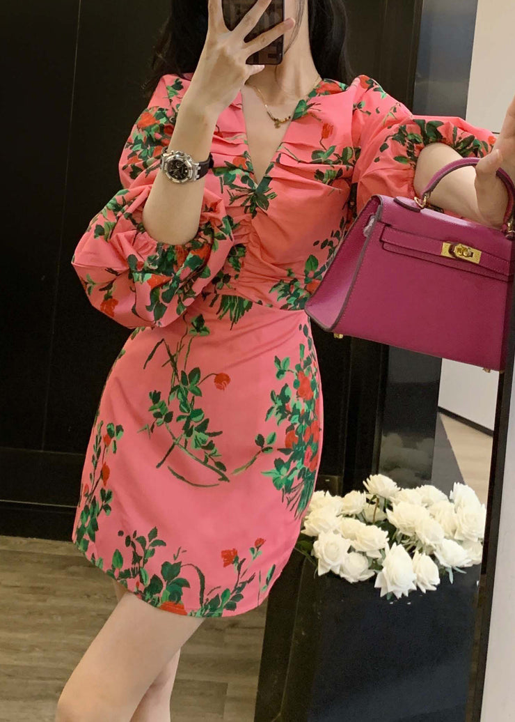Novelty Pink V Neck Print Wrinkled Cotton Mid Dress Long Sleeve