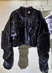 Novelty Pocket Pentagram Rivet Pleated Bat Sleeve Faux Leather Short Jacket