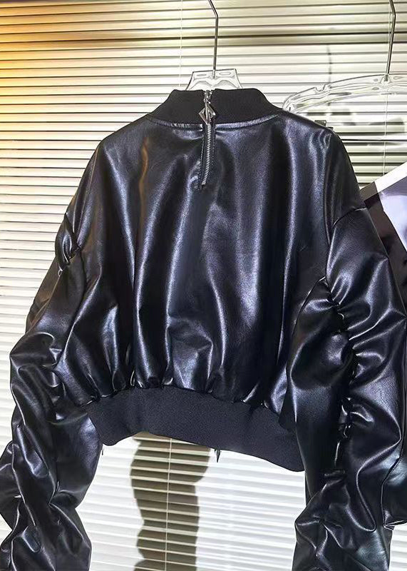 Novelty Pocket Pentagram Rivet Pleated Bat Sleeve Faux Leather Short Jacket