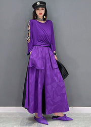 Novelty Purple Asymmetrical Design Patchwork Off The Shoulder Cotton Two Pieces Set Summer