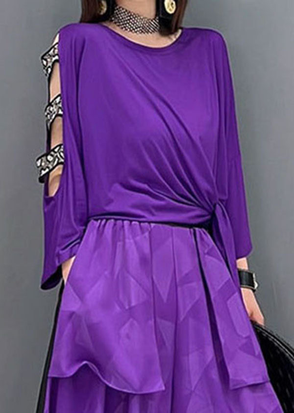 Novelty Purple Asymmetrical Design Patchwork Off The Shoulder Cotton Two Pieces Set Summer
