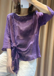 Novelty Purple O-Neck Embroidered Floral Tie Waist Linen Top Long Sleeve