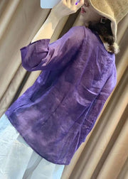 Novelty Purple O-Neck Embroidered Floral Tie Waist Linen Top Long Sleeve