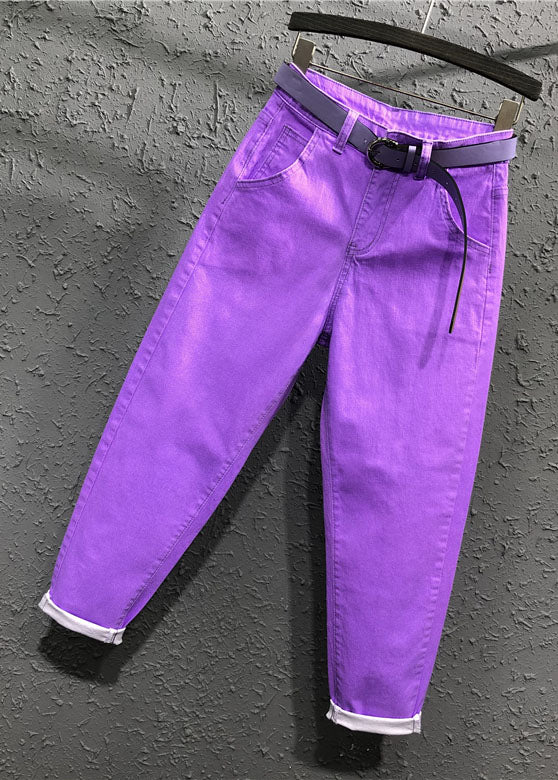 Novelty Purple Pockets Patchwork Sashes Crop Pants Fall