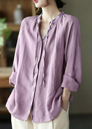 Novelty Purple V Neck Embroidered Neck Tie Linen Shirt Long Sleeve