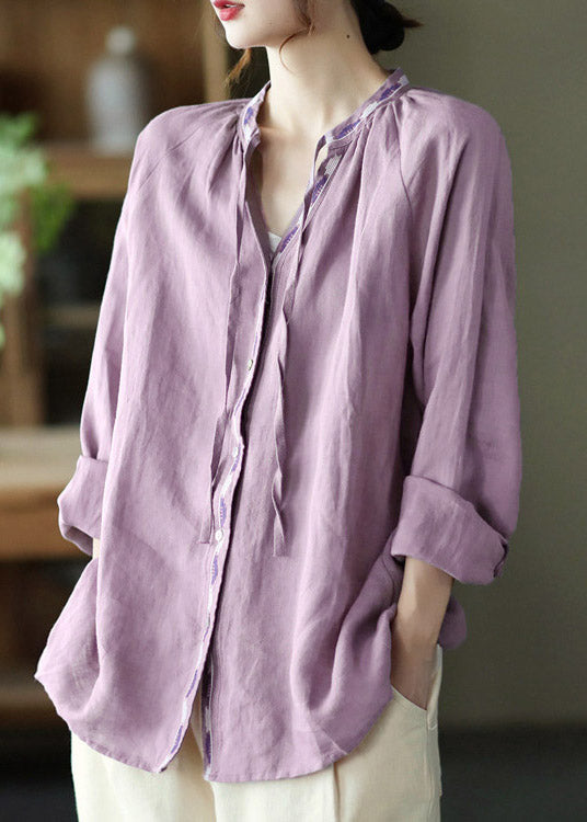 Novelty Purple V Neck Embroidered Neck Tie Linen Shirt Long Sleeve