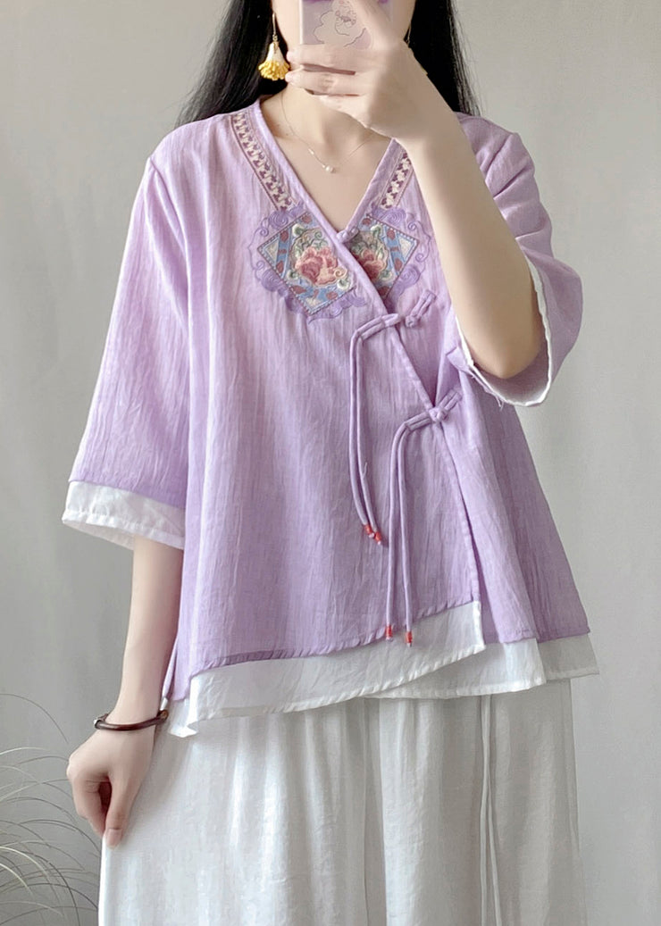 Novelty Purple V Neck Embroidered Patchwork Button Top Long Sleeve