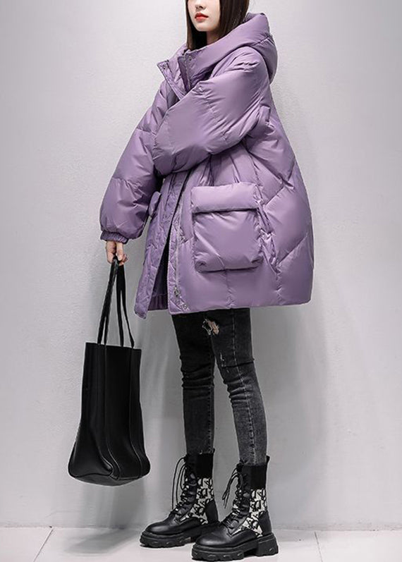 Novelty Purple Zippered Button Solid Hooded Duck Down Down Coats Winter
