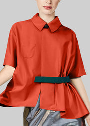 Neuheit Roter Bubikragen Asymmetrische Taschen Seidenhemd Kurzarm