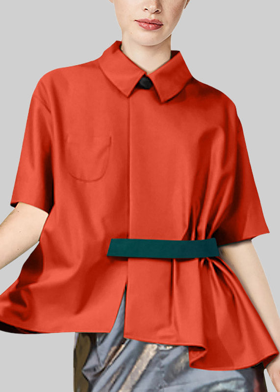 Novelty Red Peter Pan Collar Asymmetrical Pockets Silk Shirt Short Sleeve