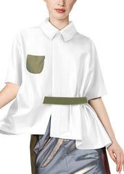 Novelty Red Peter Pan Collar Asymmetrical Pockets Silk Shirt Short Sleeve