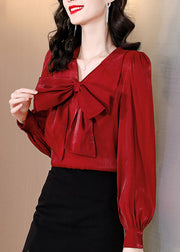 Novelty Red Solid Bow Silk Shirt Spring