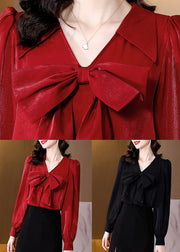 Novelty Red Solid Bow Silk Shirt Spring