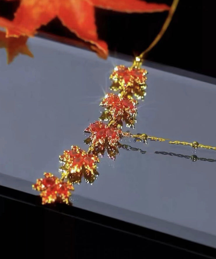 Novelty Red Stainless Steel Overgild Maple Leaves Tassel Pendant Necklace