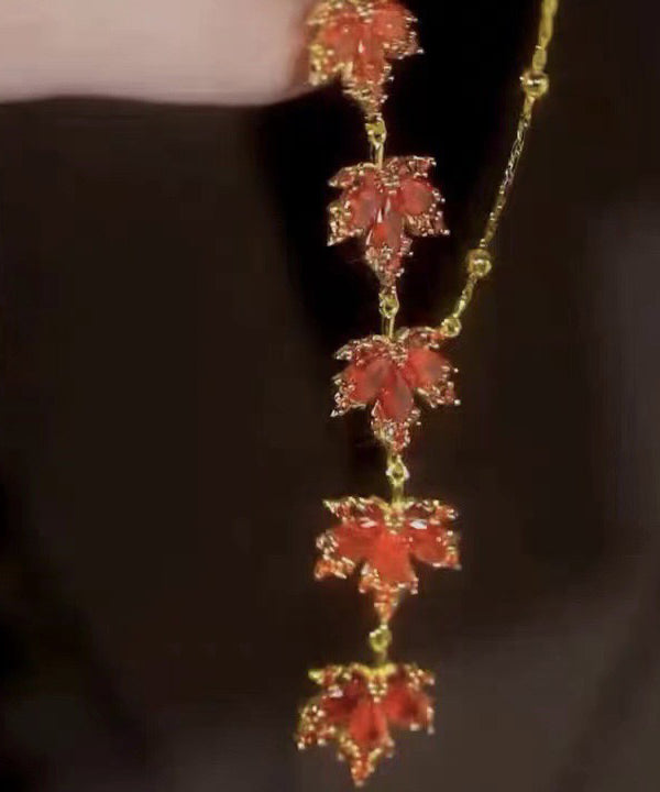 Novelty Red Stainless Steel Overgild Maple Leaves Tassel Pendant Necklace