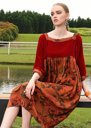 Novelty Red U Neck Wrinkled Print Silk Velour Patchwork Maxi Dress Bracelet Sleeve