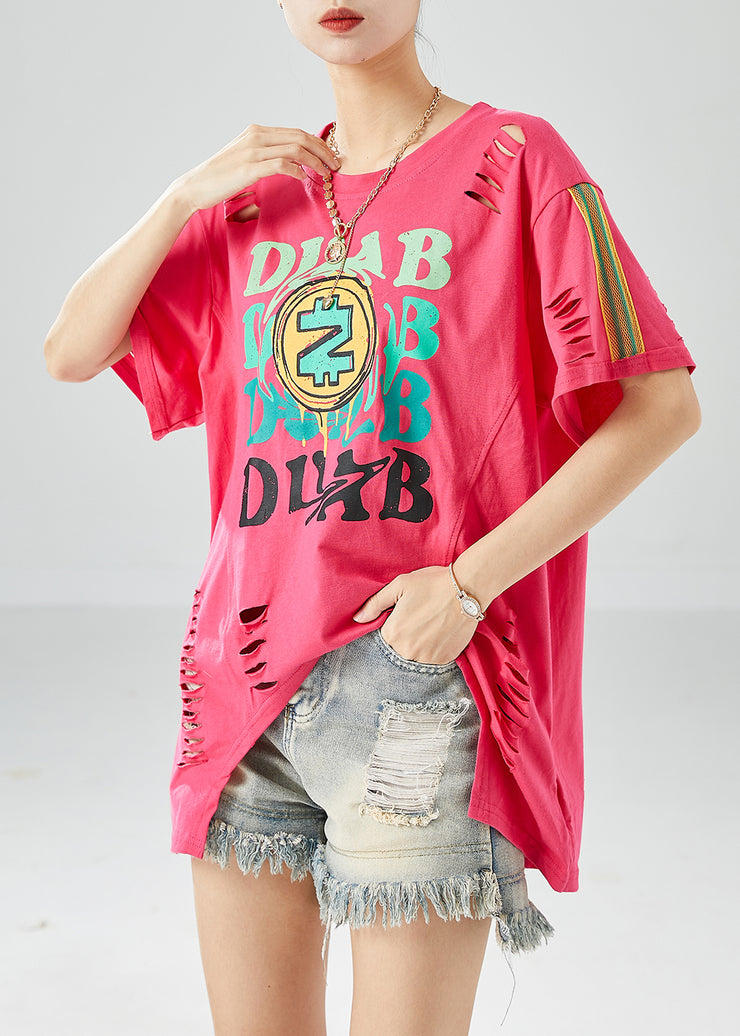 Novelty Rose Hollow Out Print Cotton Ripped Tops Summer