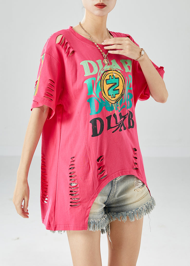 Novelty Rose Hollow Out Print Cotton Ripped Tops Summer
