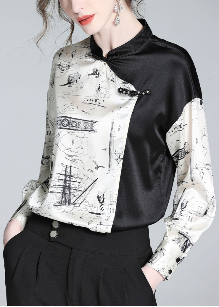 Novelty White Patchwork Black Stand Collar Button Silk Shirts Long Sleeve