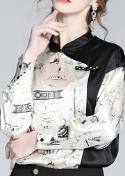 Novelty White Patchwork Black Stand Collar Button Silk Shirts Long Sleeve