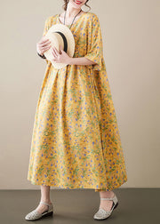 Novelty Yellow O-Neck Print Patchwork Cozy Cotton Maxi Dress Summer