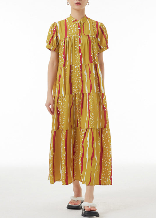 Novelty Yellow Print Patchwork Button Maxi Dresses Summer