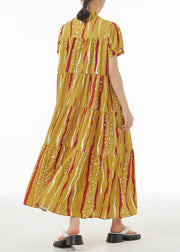 Novelty Yellow Print Patchwork Button Maxi Dresses Summer