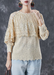 Nude Patchwork Lace Blouses Hollow Out Cloak Sleeves