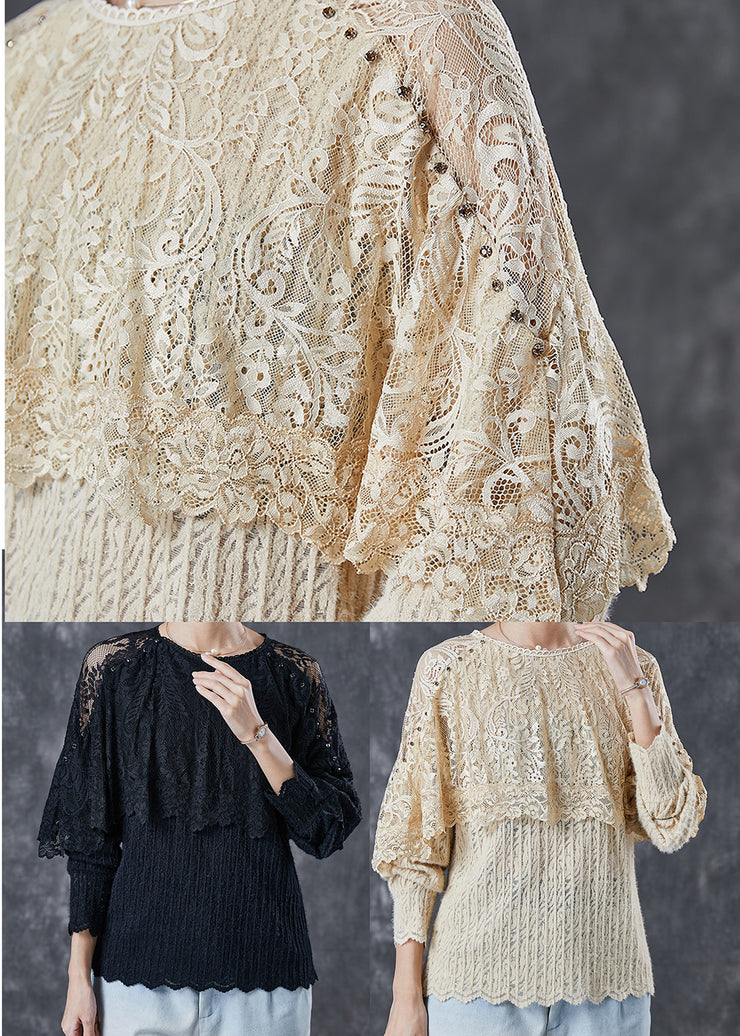 Nude Patchwork Lace Blouses Hollow Out Cloak Sleeves