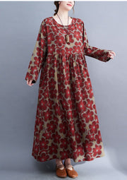 Loose Cotton and Linen Floral Print Dress Long Sleeve