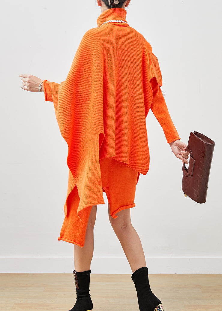 Orange Asymmetrical Knit Dress Two Pieces Set Turtle Neck Spring