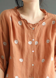 Orange Button Cozy Linen Top Half Sleeve