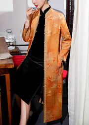 Orange Button Lace Pockets Patchwork Long Coats Stand Collar Long Sleeve