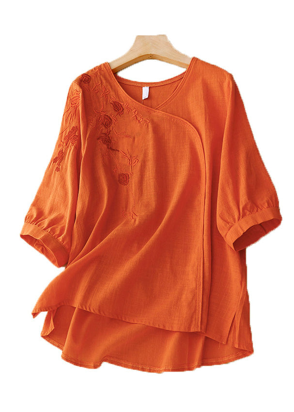 Orange Button Side Open Linen Shirt V Neck Spring