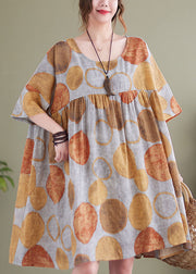 Orange Dot Print Cotton Vacation Dresses O-Neck Wrinkled Short Sleeve