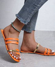 Orange Faux Leather Peep Toe Splicing Flats Slide Sandals