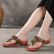 Orange Floral Cowhide Leather Thong Flip Flops - SooLinen
