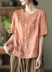 Orange Floral Embroidered Linen Blouses top Short Sleeve