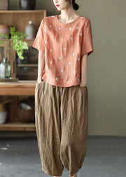 Orange Floral Embroidered Linen Blouses top Short Sleeve