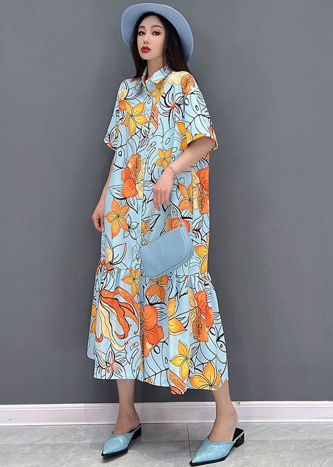 Orangefarbenes Patchwork-Hemdkleid mit Blumendruck, geknöpft, faltig, kurze Ärmel